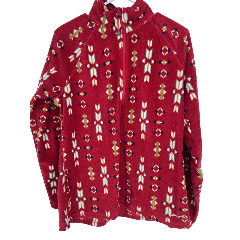 EDDIE BAUER Fleece Pullover Womens XL Red Aztec Geometric Quarter Zip Mock Neck